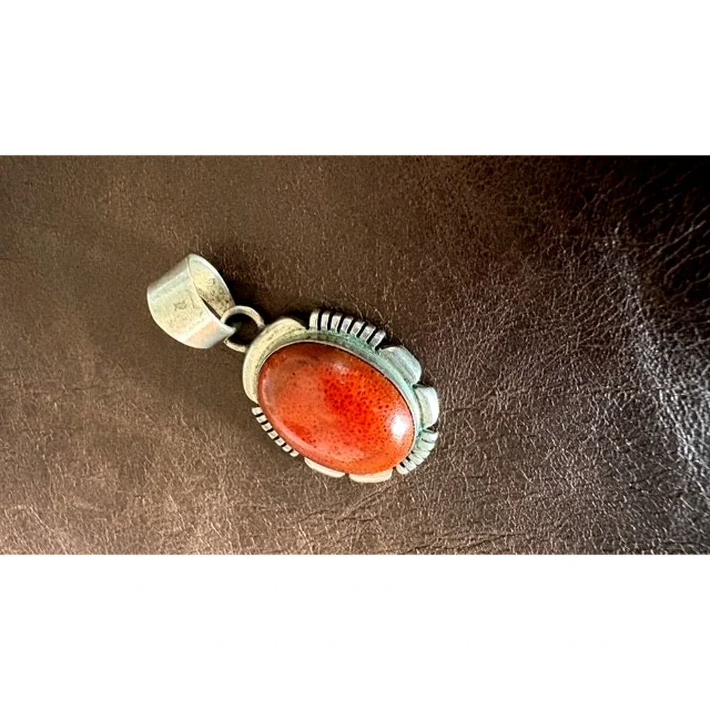 Navajo Sterling Silver Orange Red Cabochon Pendant Signed Hallmark Southwest